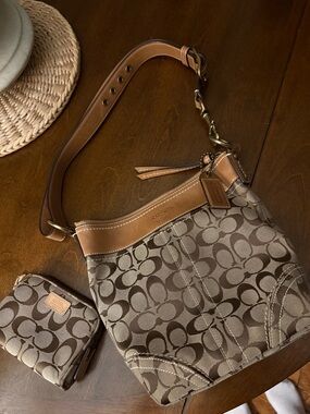 Coach Beige & Brown Signature Canvas Bag w. Tan Leather + Matching Makeup Pouch!